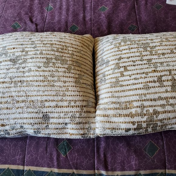 Custom 18 x 18 White - Gold and Silver striped accent pillow set - Picture 1 of 2